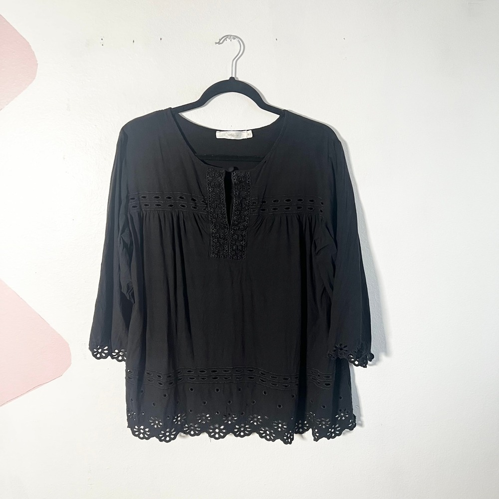 Anthropologie Solitaire Peasant Top 1X Black Floral Embroidered Boho